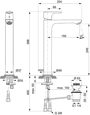 Ideal Standard Connect Air Waschtischarmatur mit hohem schwenkbarem Auslauf mit Sockel chrom, Ausladung 150mm, 5 l/min, mit Ablaufgarnitur A7025AA