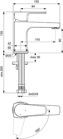 Ideal Standard Waschtischarmatur Cerafine D, H80 BlueStart ohne Ablaufgarnitur, Ausladung 115mm, chrom BC683AA