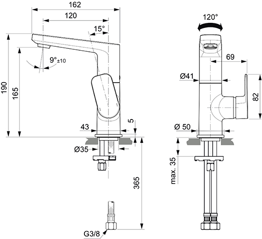 Ideal Standard Waschtisch-Armatur Tonic II, mit hohem Auslauf ohne Ablaufgarnitur 5 l/min., Ausladung 120mm, chrom A6476AA