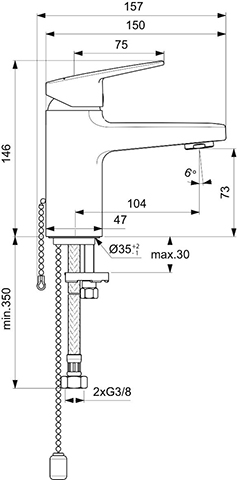 Ideal Standard Waschtisch-Armatur Ceraplan H75 mit Kette ohne Ablaufgarnitur Ausladung 103mm chrom BD210AA