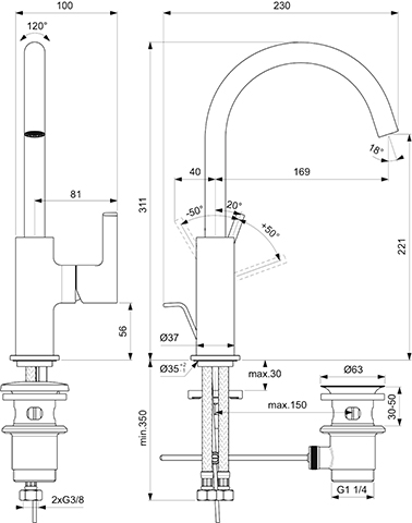 Ideal Standard Waschtischarmatur JOY, mit hohem Auslauf mit Ablaufgarnitur Ausladung 169mm, chrom BC777AA