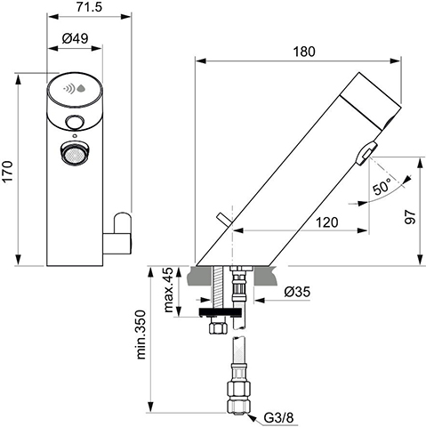 Ideal Standard Waschtischarmatur Sensorflow chrom mit Mischung Ausladung 120mm Batterie A7559AA