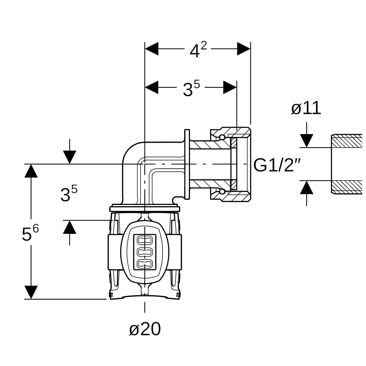Geberit FlowFit Übergangsbogen 90 Grad mit Überwurfmutter, SiBr d20-G1/2 620.688.00.1