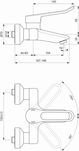 Ideal Standard Ceraplus 2 Wand-Waschtischarmatur mit Bügelgriff chrom, Ausladung 148-167mm BC109AA