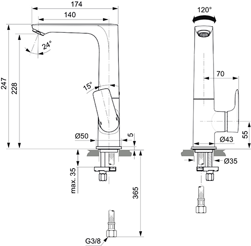 Ideal Standard Connect Air Waschtischarmatur mit hohem schwenkbarem Auslauf chrom, Ausladung 140mm, 5 l/min, ohne Ablaufgarnitur A7023AA