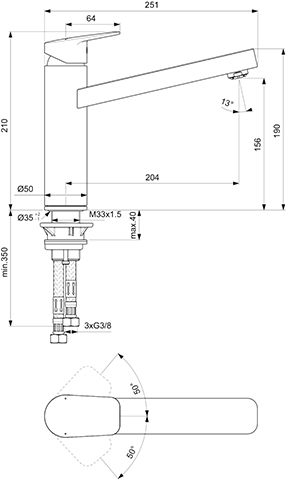 Ideal Standard Küchenarmatur Ceraplan Ausladung 204mm Niederdruck mit hohem Rohrauslauf, chrom BD312AA