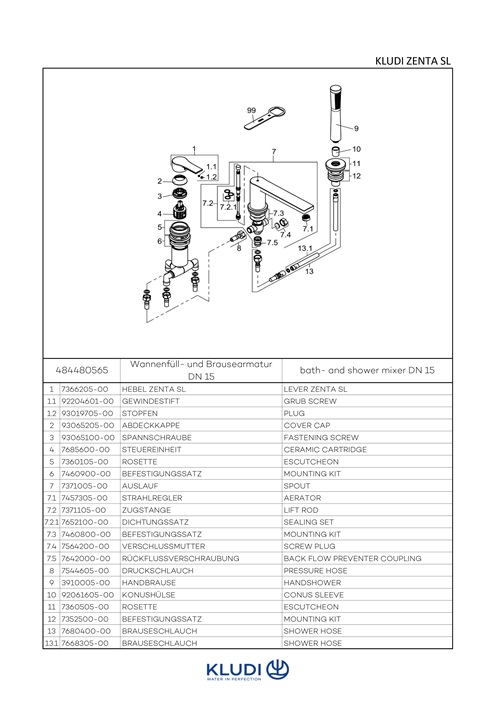 Kludi ZENTA SL 3-Loch Wannenfüll- und Brause-Einhandmischer chrom 484480565