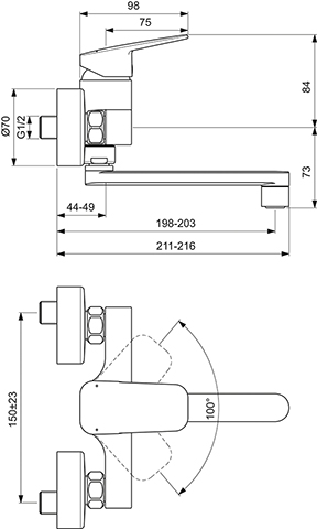 Ideal Standard Wand-Küchenarmatur Ceraplan Ausladung 198mm chrom BD341AA