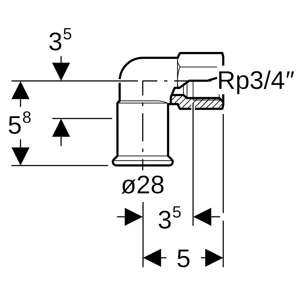 Geberit Mapress C-Stahl Übergangswinkel 90 Grad mit IG d28-Rp3/4 verzinkt 21661