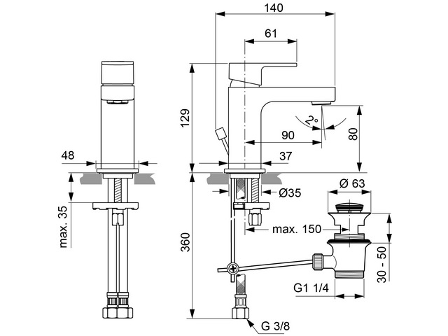 Ideal Standard Waschtisch-Armatur Edge, Slim Piccolo mit Ablaufgarnitur Ausladung 90mm, chrom A7265AA