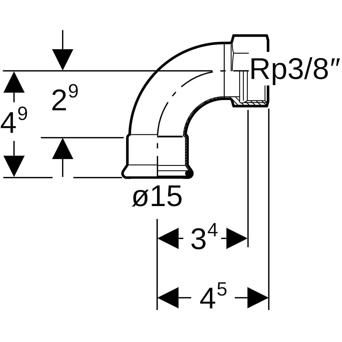 Geberit Mapress C-Stahl Übergangsbogen 90 Grad mit IG d15-Rp3/8 verzinkt 20552