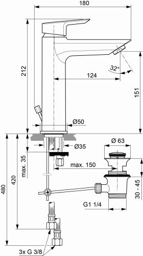 Ideal Standard Tesi Waschtischarmatur Grande Niederdruck mit Ablaufgarnitur chrom, Ausladung 124mm, 5 l/min. A6562AA