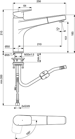 Ideal Standard Küchenarmatur Ceraplan mit hohem Auslauf Ausladung 210mm 1F-Handbrause BlueStart chrom BD332AA