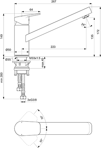Ideal Standard Küchenarmatur Ceraplan Ausladung 223mm Niederdruck, chrom BD309AA