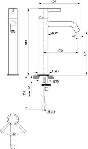 Ideal Standard Waschtischarmatur JOY, mit verlängertem Sockel ohne Ablaufgarnitur Ausladung 170mm, chrom BC782AA