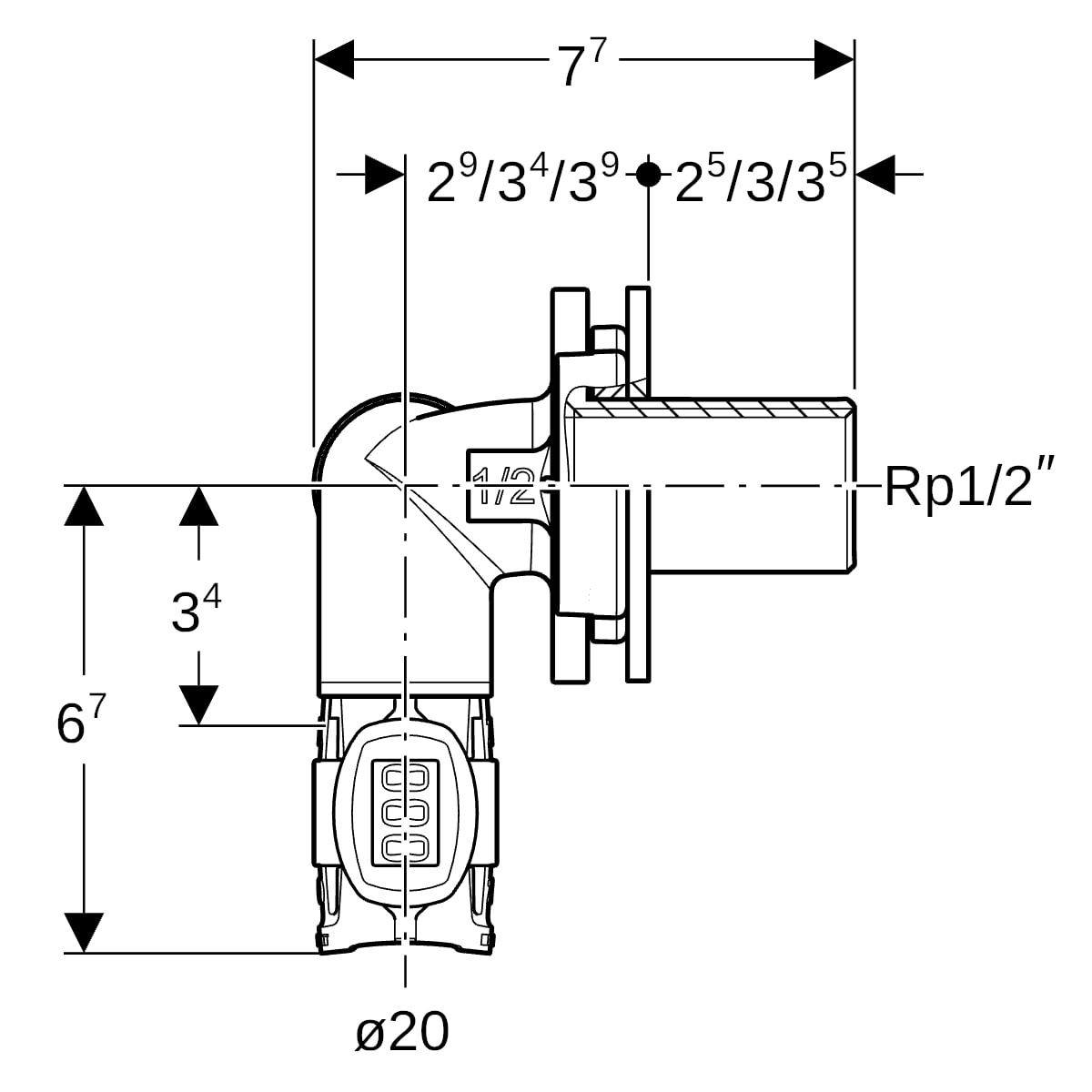 Geberit FlowFit Eckwanddurchführung 90 Grad RG+ d20-Rp1/2-d20 620.823.00.1