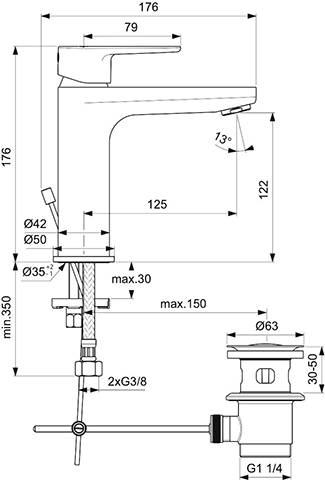 Ideal Standard Waschtischarmatur Cerafine O H120 Ausladung 125mm mit Ablaufgarnitur chrom BC699AA