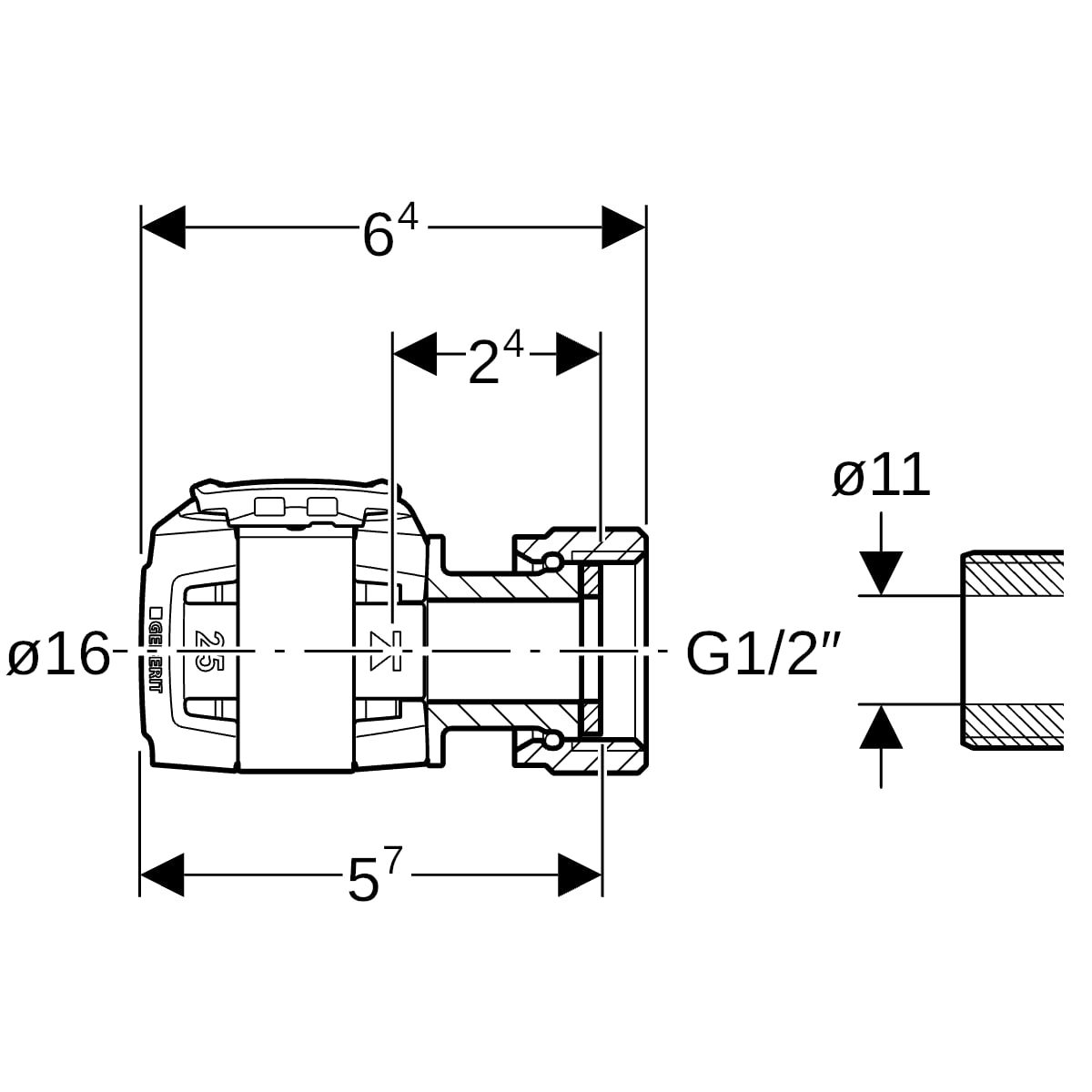 Geberit FlowFit Übergang mit Überwurfmutter SiBr d16-G1/2 620.630.00.1