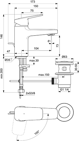 Ideal Standard Waschtischarmatur Ceraplan H75 mit Ablaufgarnitur Ausladung 103mm BlueStart chrom BD215AA