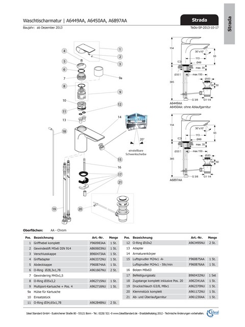 Ideal Standard Griffhebel Strada, rund, Multiport, komplett, chrom F960983AA