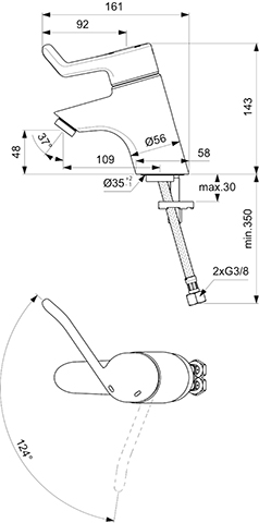 Ideal Standard Ceraplus Waschtischsicherheitsarmatur 120mm ohne Ablaufgarnitur chrom, Bedienhebel 120mm, Ausladung 108mm B8220AA