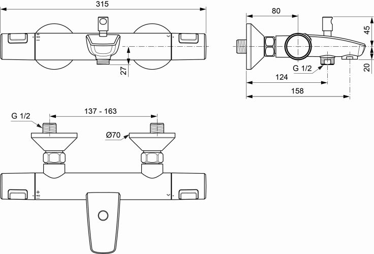 Ideal Standard Badethermostat AP Ceratherm T25 Ausladung 158mm, chrom A7206AA
